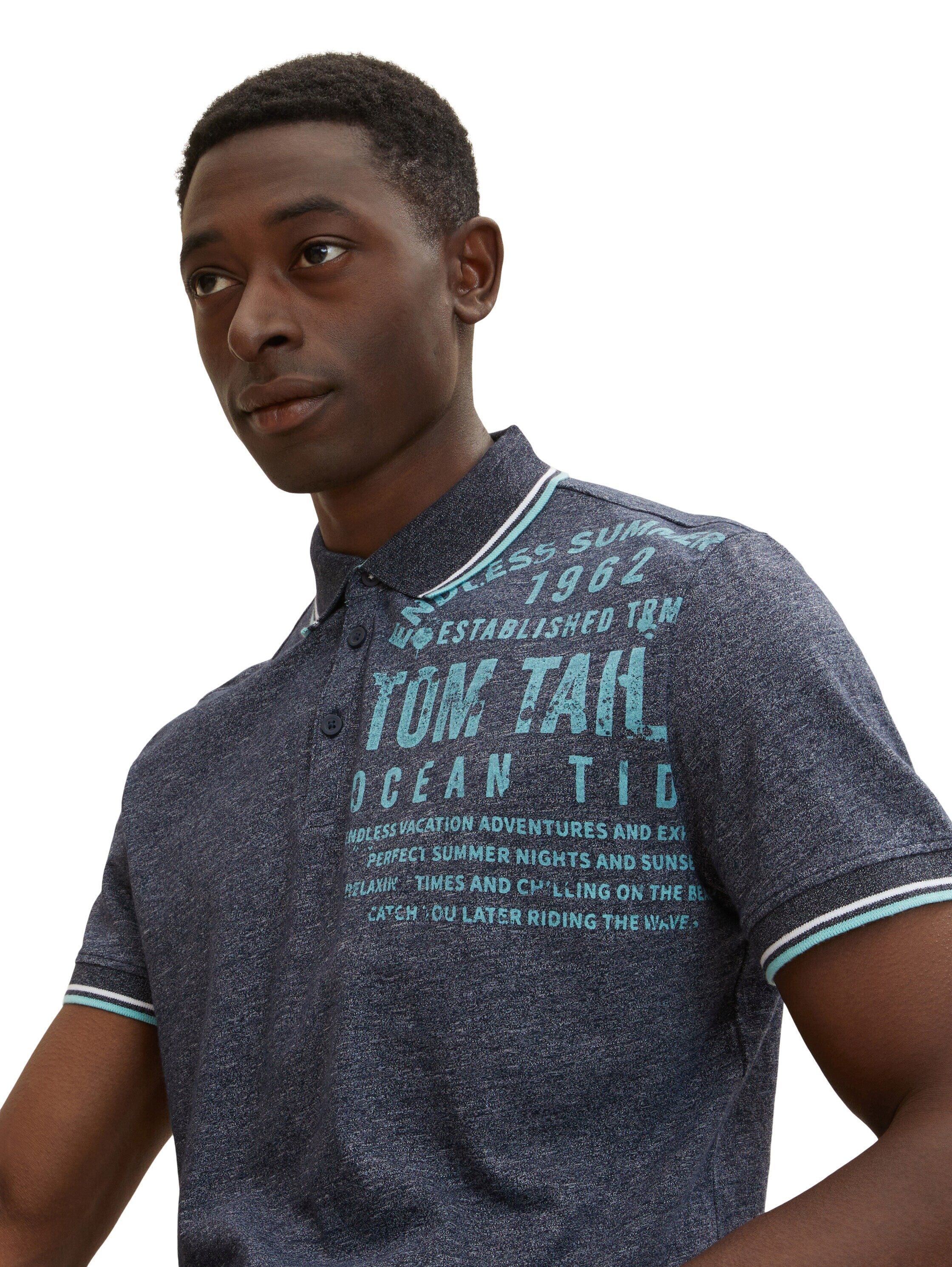 Tom Tailor Poloshirt mit Textprint und halber Knopfleiste