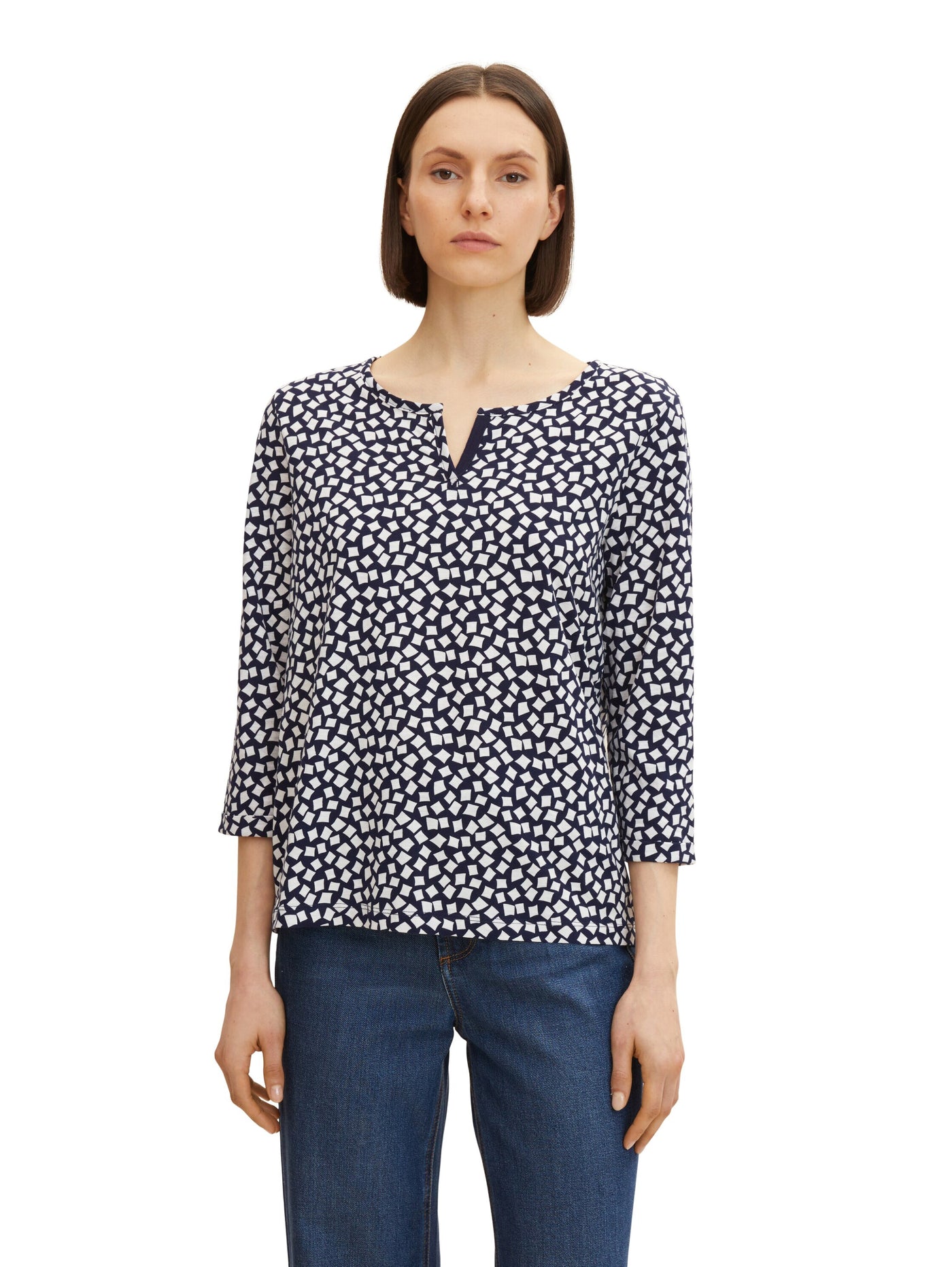 Tom Tailor T-Shirt mit Henleyausschnitt und Allover-Print