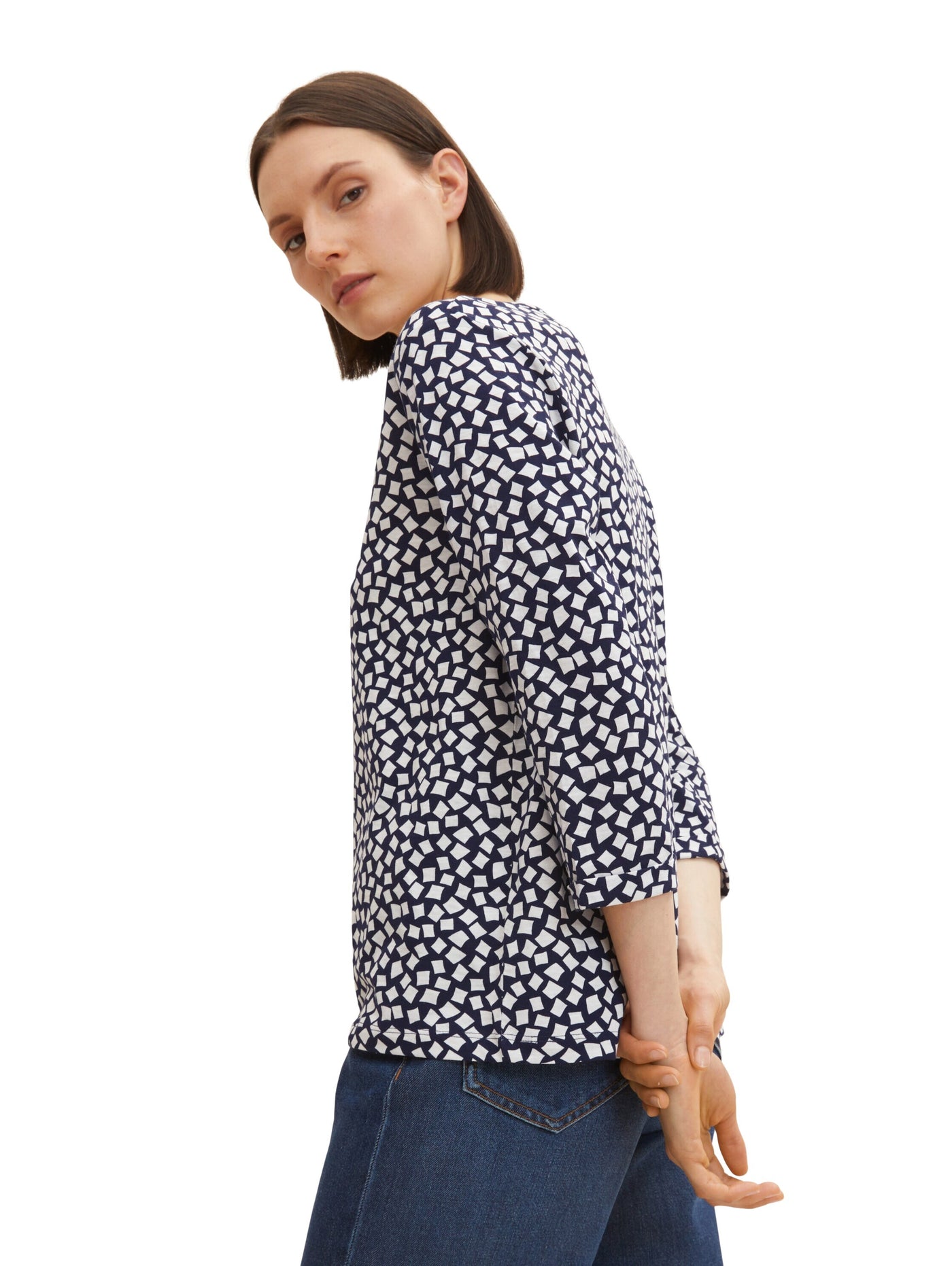 Tom Tailor T-Shirt mit Henleyausschnitt und Allover-Print