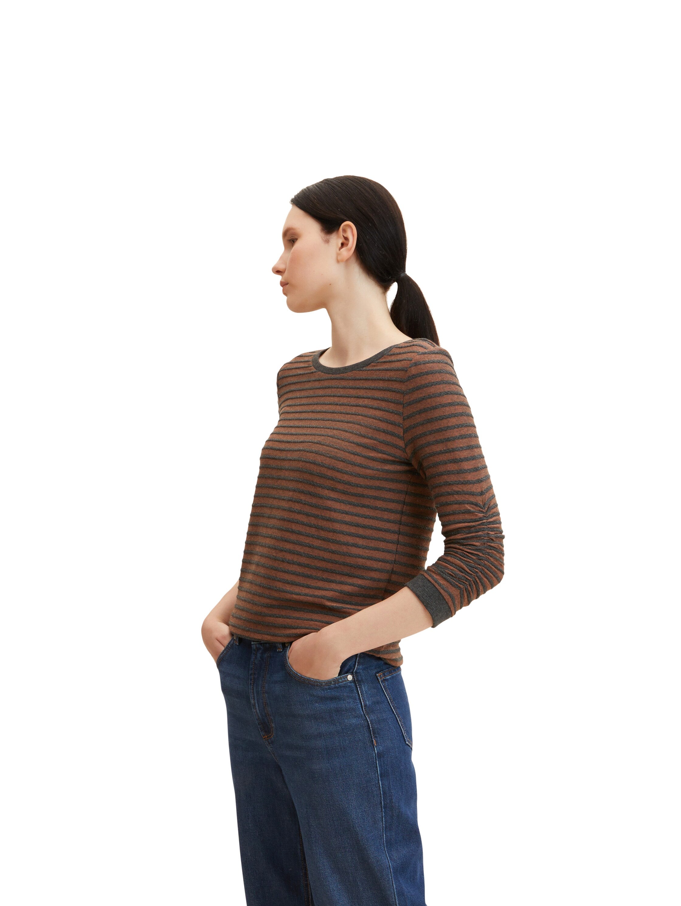 Tom Tailor Gestreiftes Jacquard Sweatshirt mit Rundhalsausschnitt