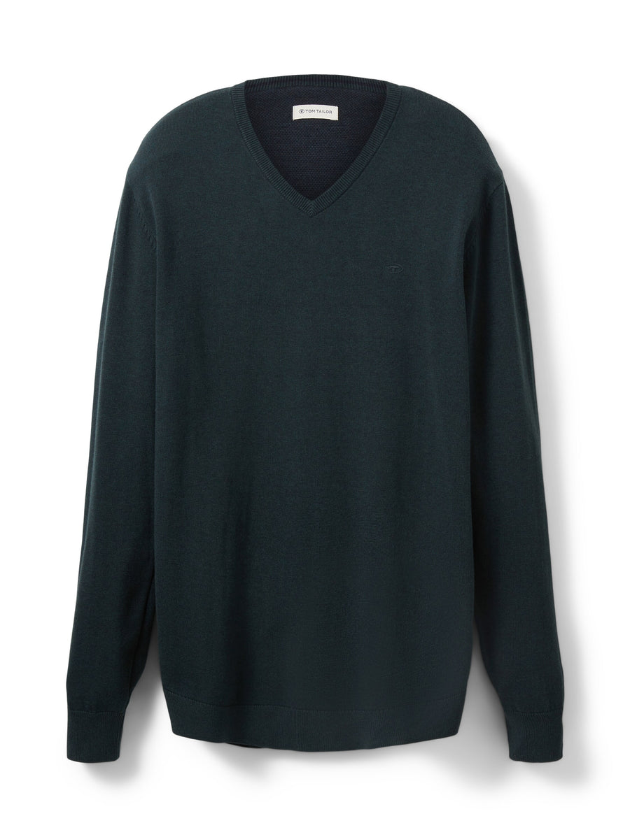 Tom Tailor Unifarbener Strickpulli mit V-Ausschnitt in Melange Optik
