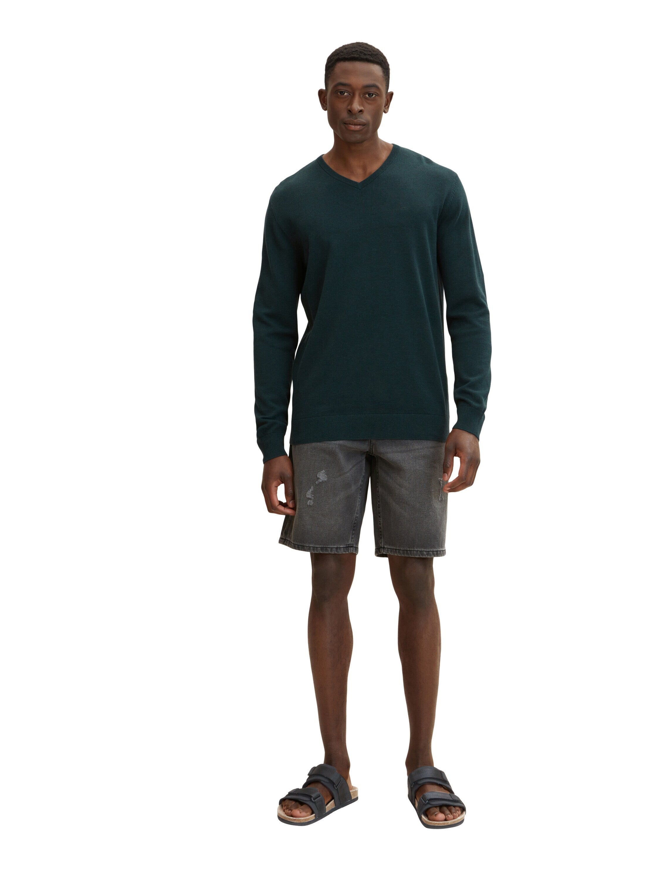 Tom Tailor Unifarbener Strickpulli mit V-Ausschnitt in Melange Optik