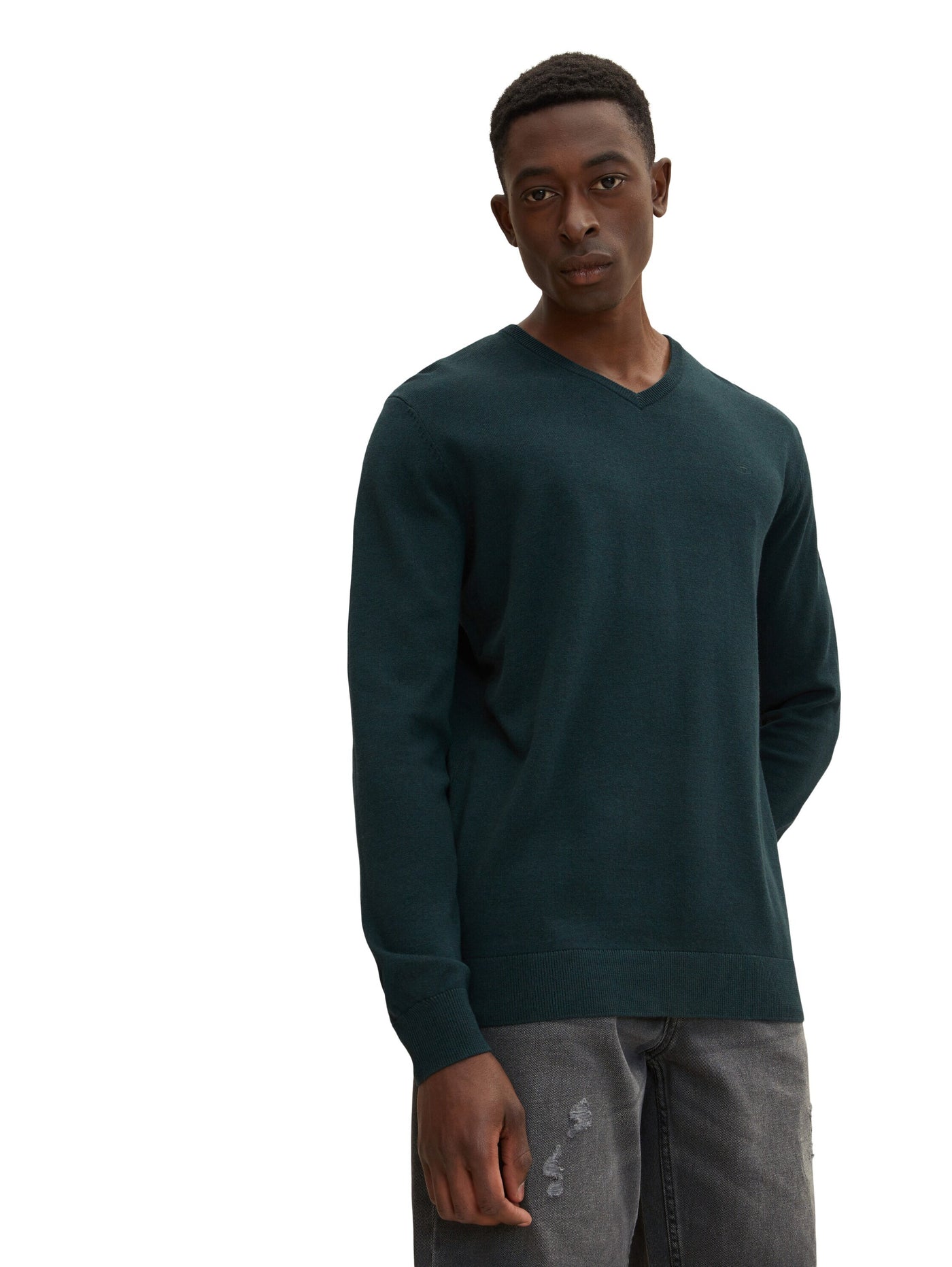 Tom Tailor Unifarbener Strickpulli mit V-Ausschnitt in Melange Optik