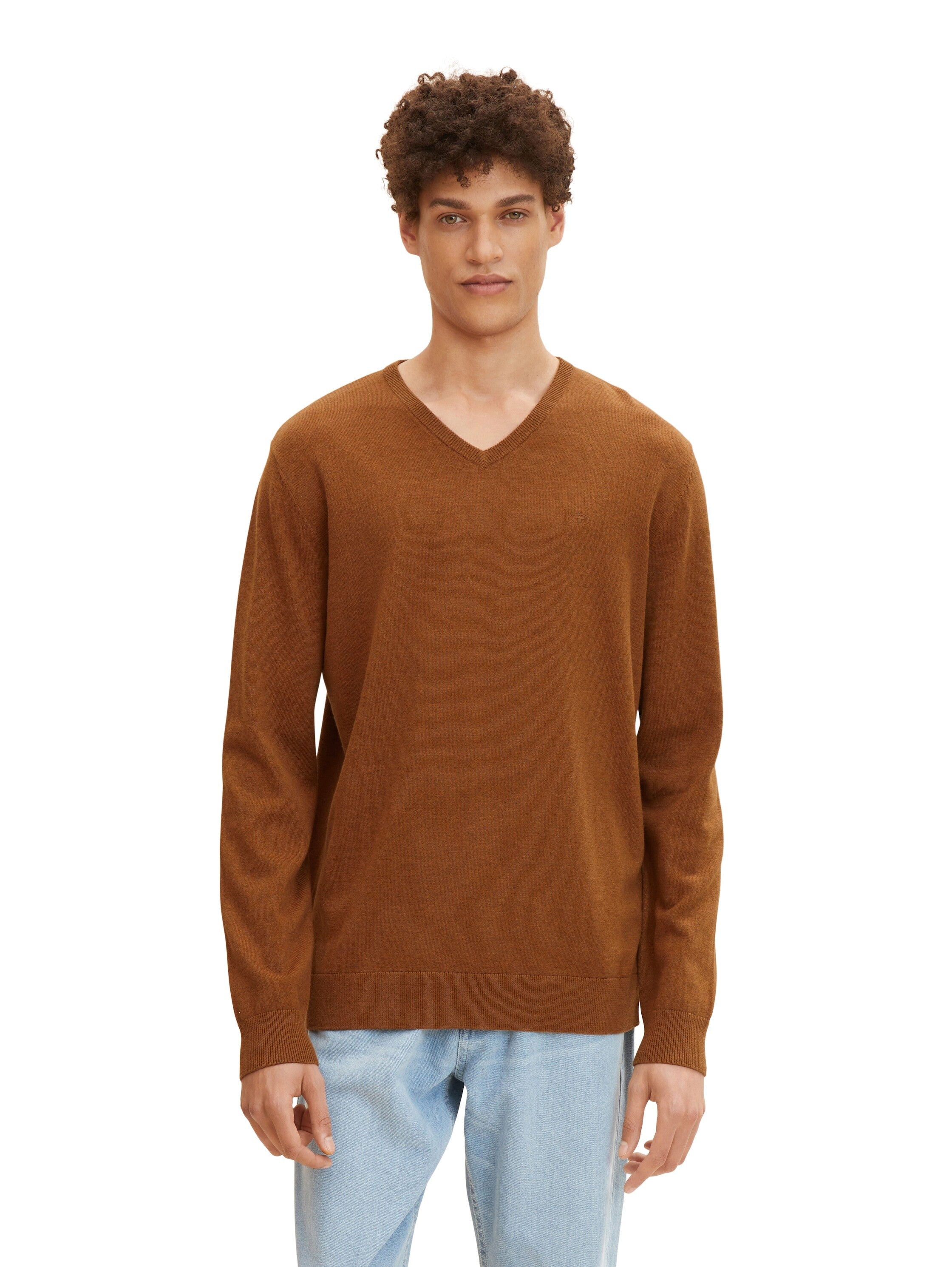Tom Tailor Unifarbener Strickpulli mit V-Ausschnitt in Melange Optik
