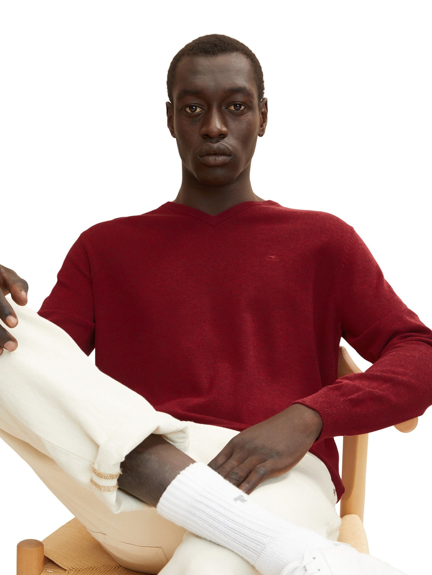 Tom Tailor Unifarbener Strickpulli mit V-Ausschnitt in Melange Optik