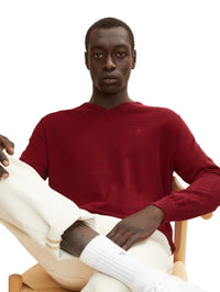 Tom Tailor Unifarbener Strickpulli mit V-Ausschnitt in Melange Optik