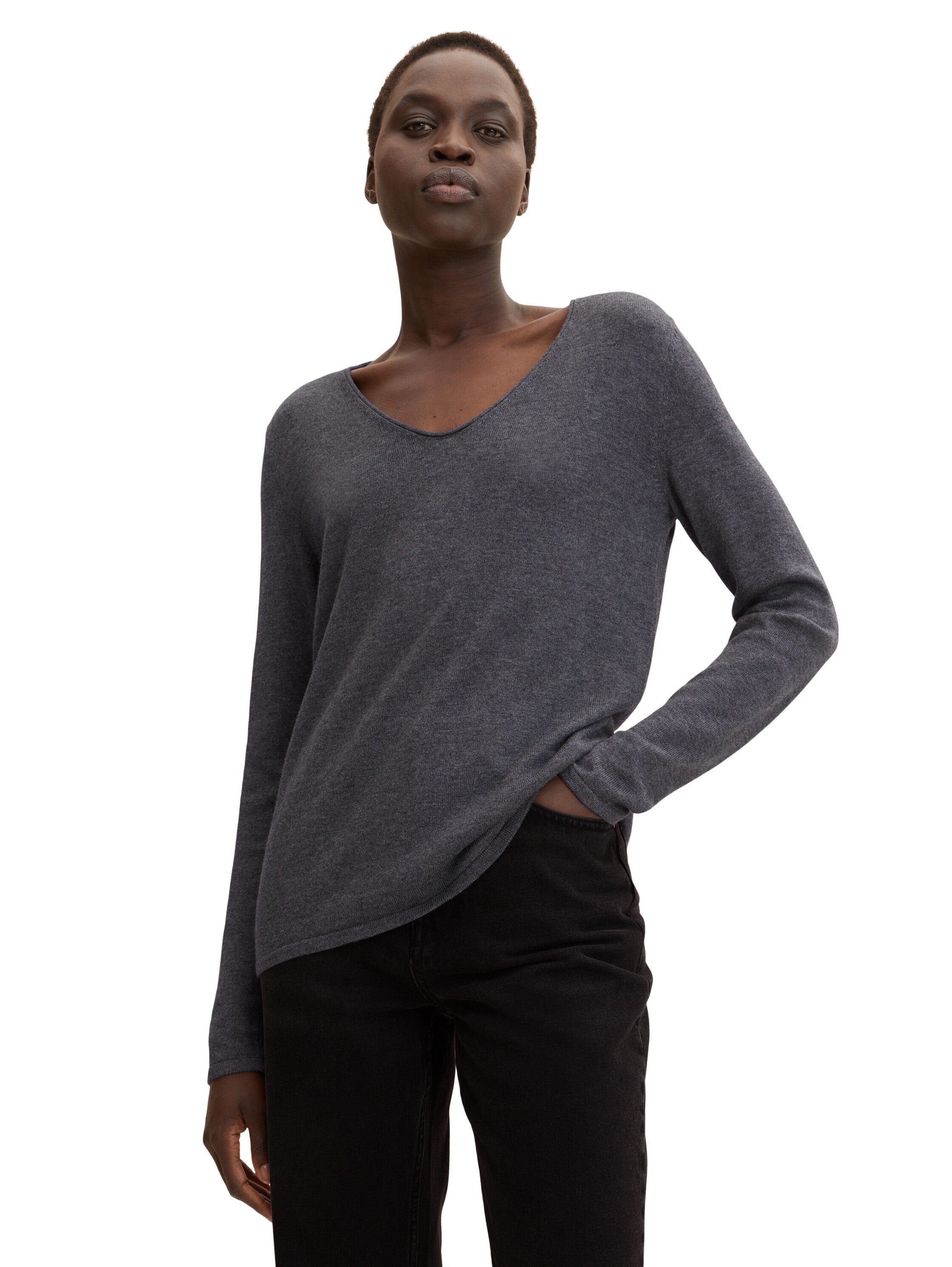 Tom Tailor Basic-Pullover mit V-Ausschnitt aus Baumwoll-Strick