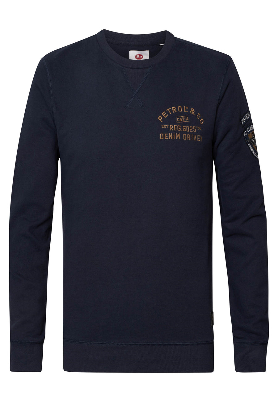 Petrol Industries Unifarbener Langarmpullover mit Rundhalsausschnitt und Logo-Print in schmaler Passform