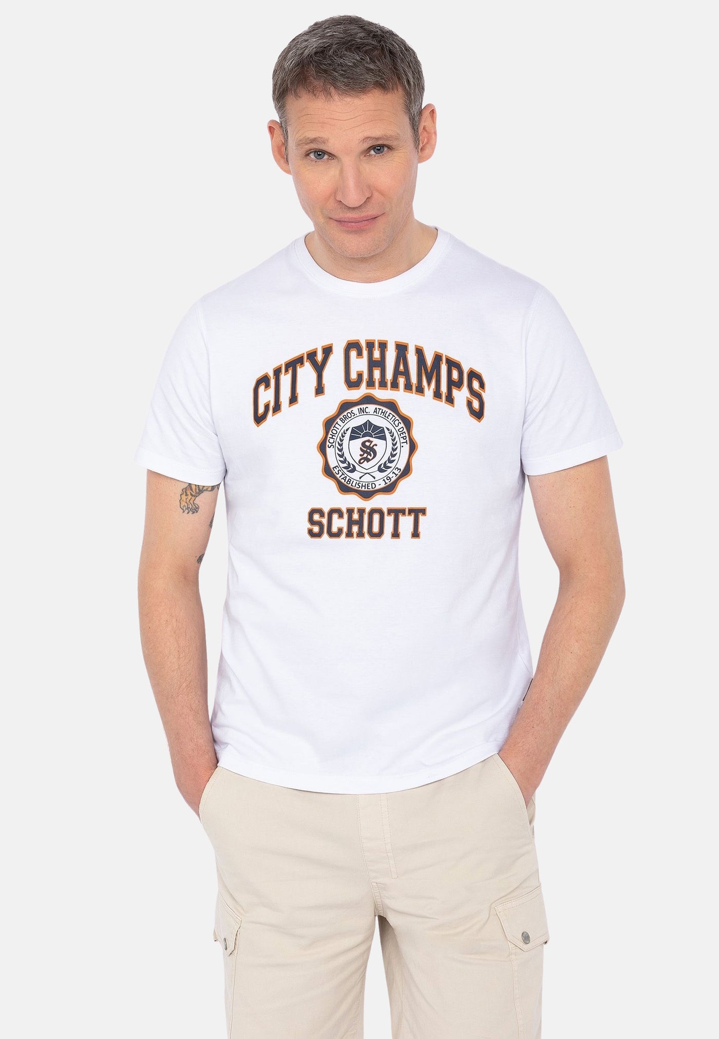 Schott Kurzarmshirt mit Rundhalsausschnitt und Front-Print