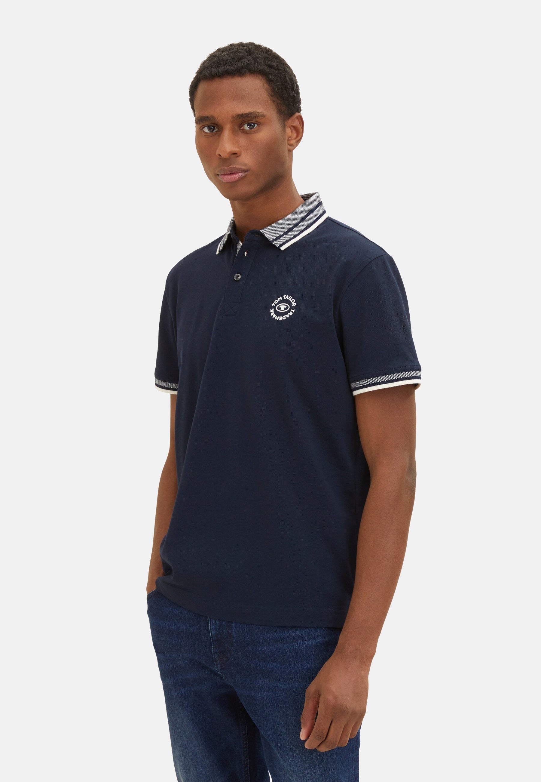 Tom Tailor Basic Polo Kurzarmshirt mit Kontraststreifen und Logo-Print