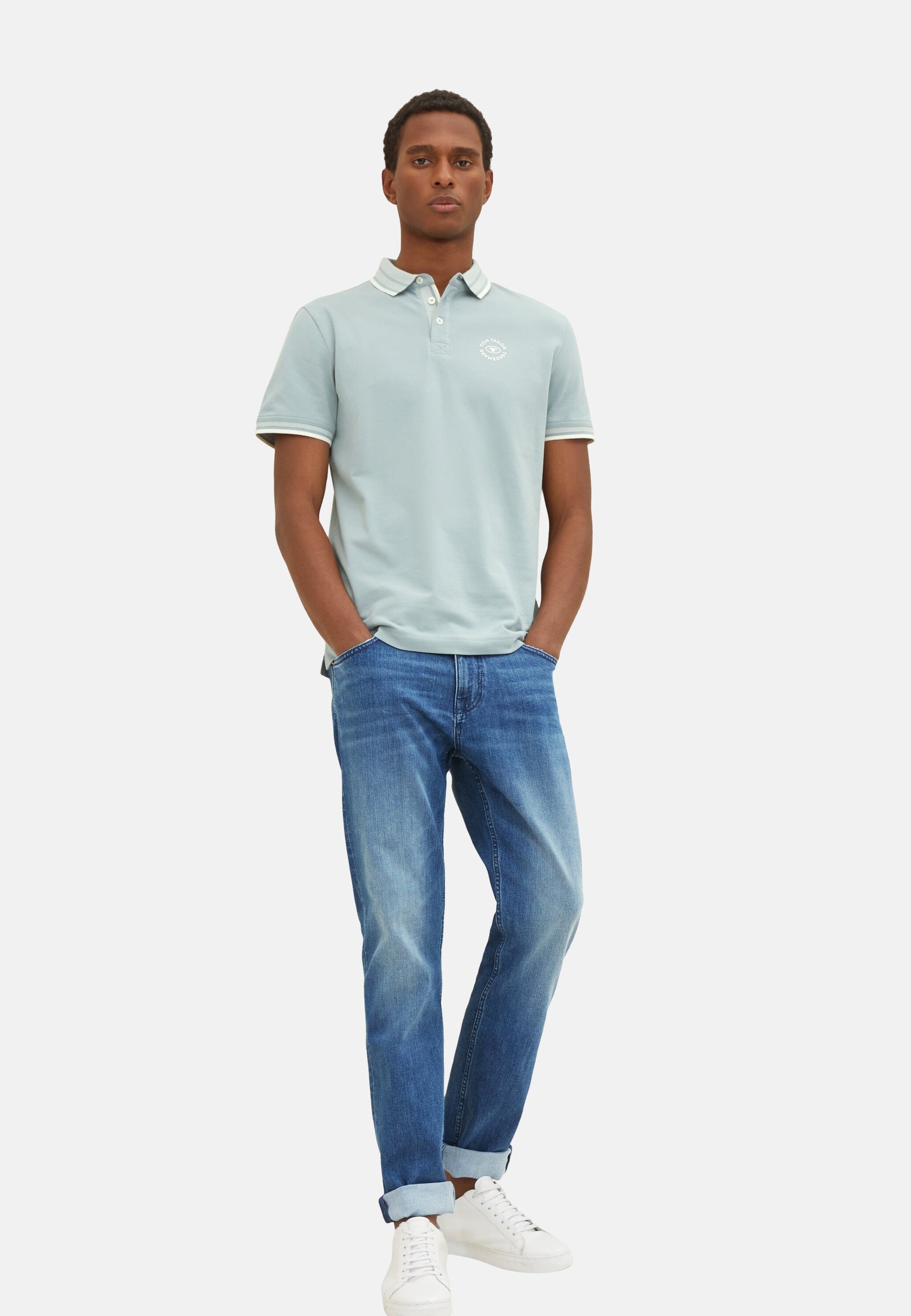 Tom Tailor Basic Polo Kurzarmshirt mit Kontraststreifen und Logo-Print