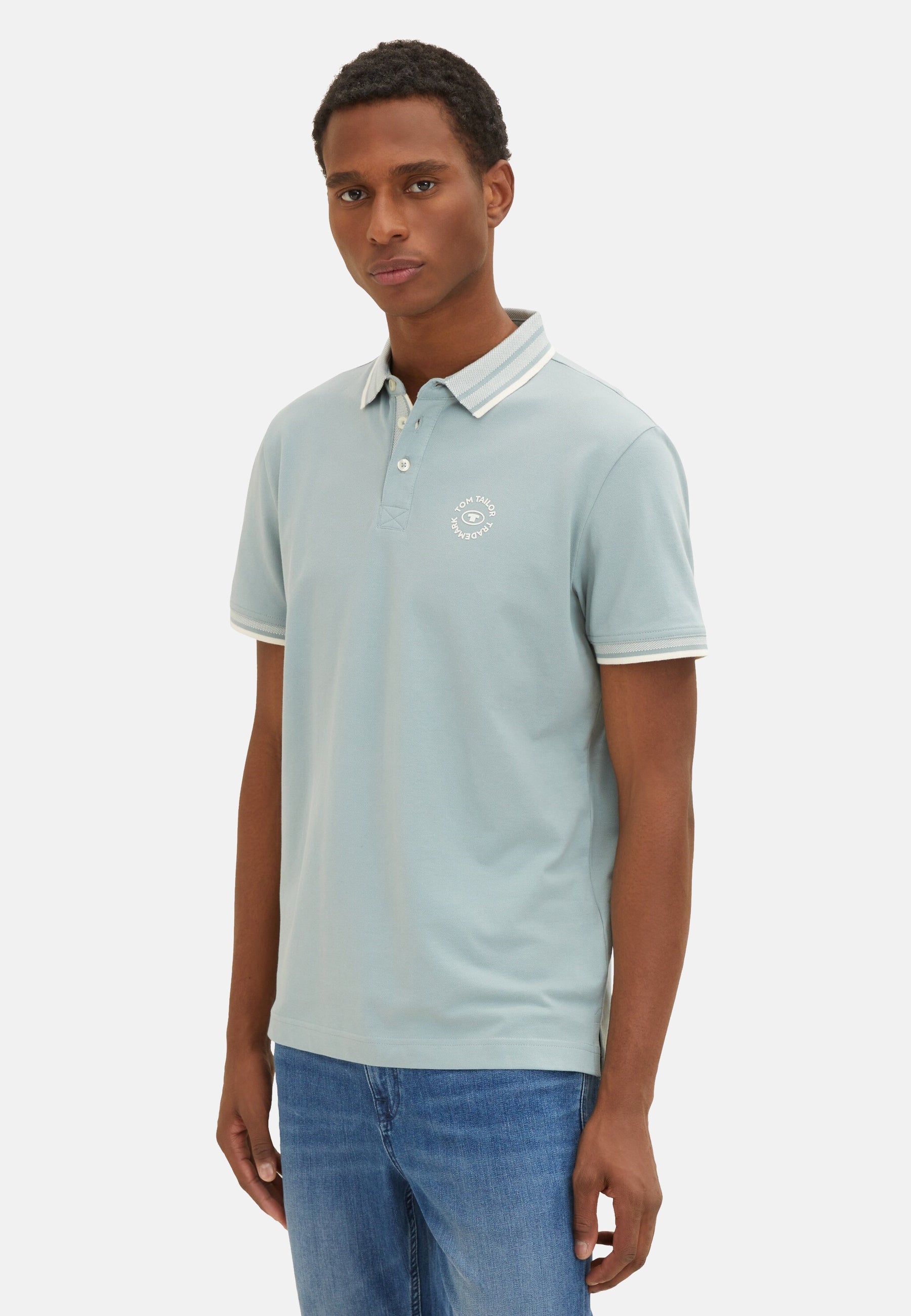 Tom Tailor Basic Polo Kurzarmshirt mit Kontraststreifen und Logo-Print