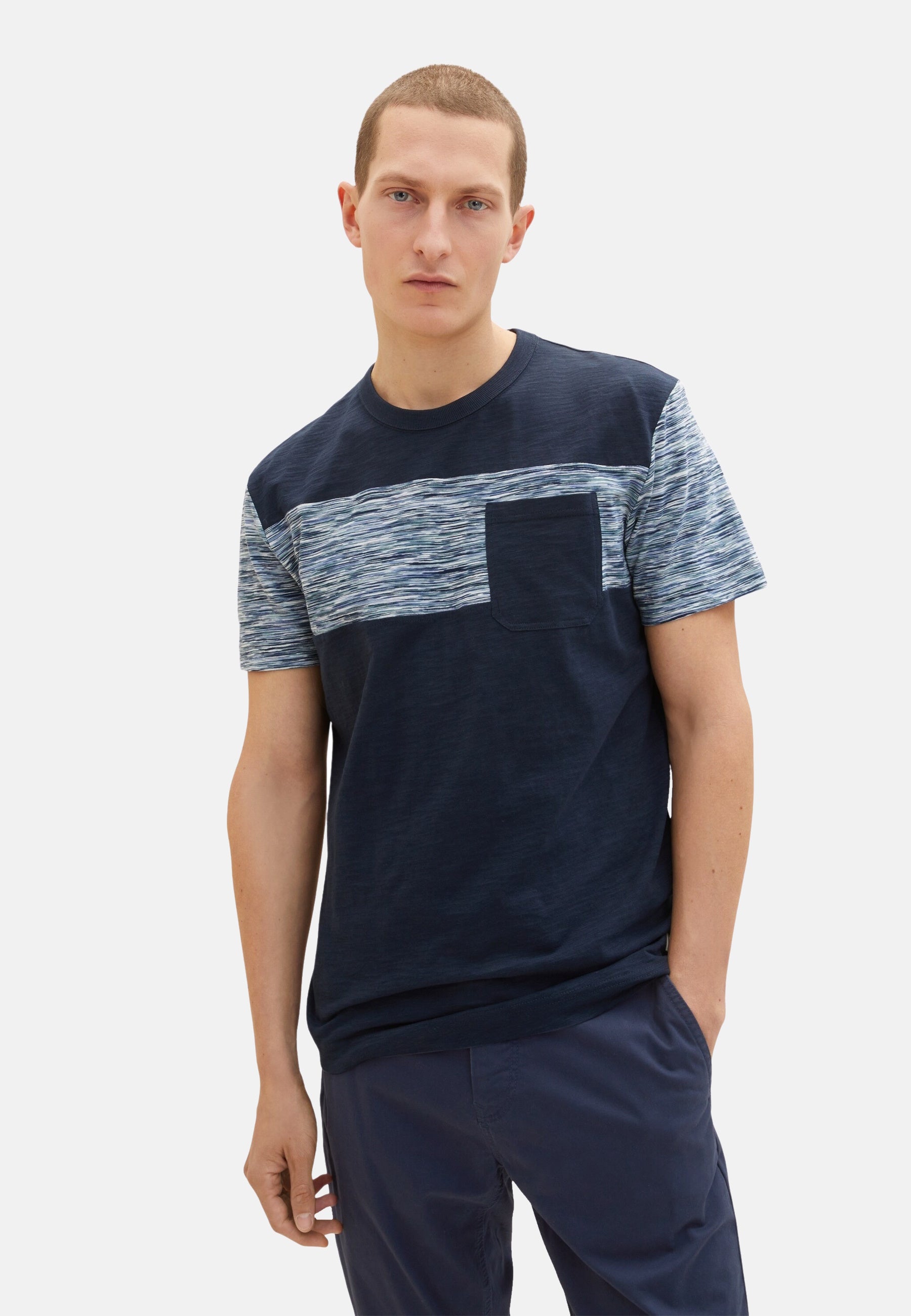 Tom Tailor Kurzarmshirt mit Einsatz in Melange-Optik und Brusttasche