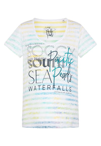 Soccx Streifenshirt mit Ausbrenner-Effekten, V-Ausschnitt und Label Print im Used Look