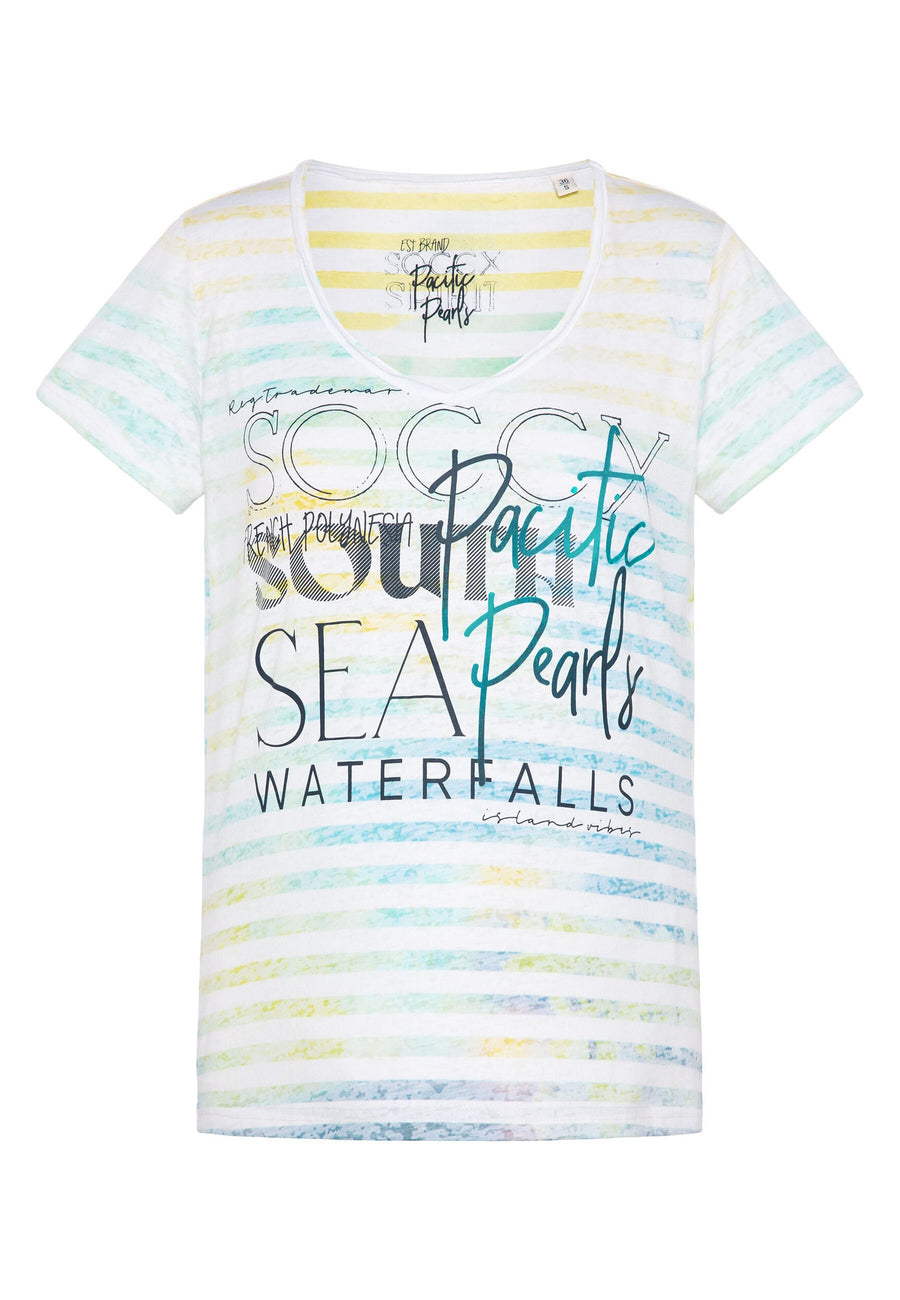 Soccx Streifenshirt mit Ausbrenner-Effekten, V-Ausschnitt und Label Print im Used Look