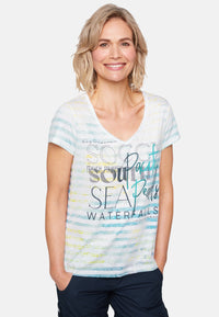 Soccx Streifenshirt mit Ausbrenner-Effekten, V-Ausschnitt und Label Print im Used Look