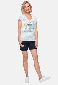 Soccx Streifenshirt mit Ausbrenner-Effekten, V-Ausschnitt und Label Print im Used Look