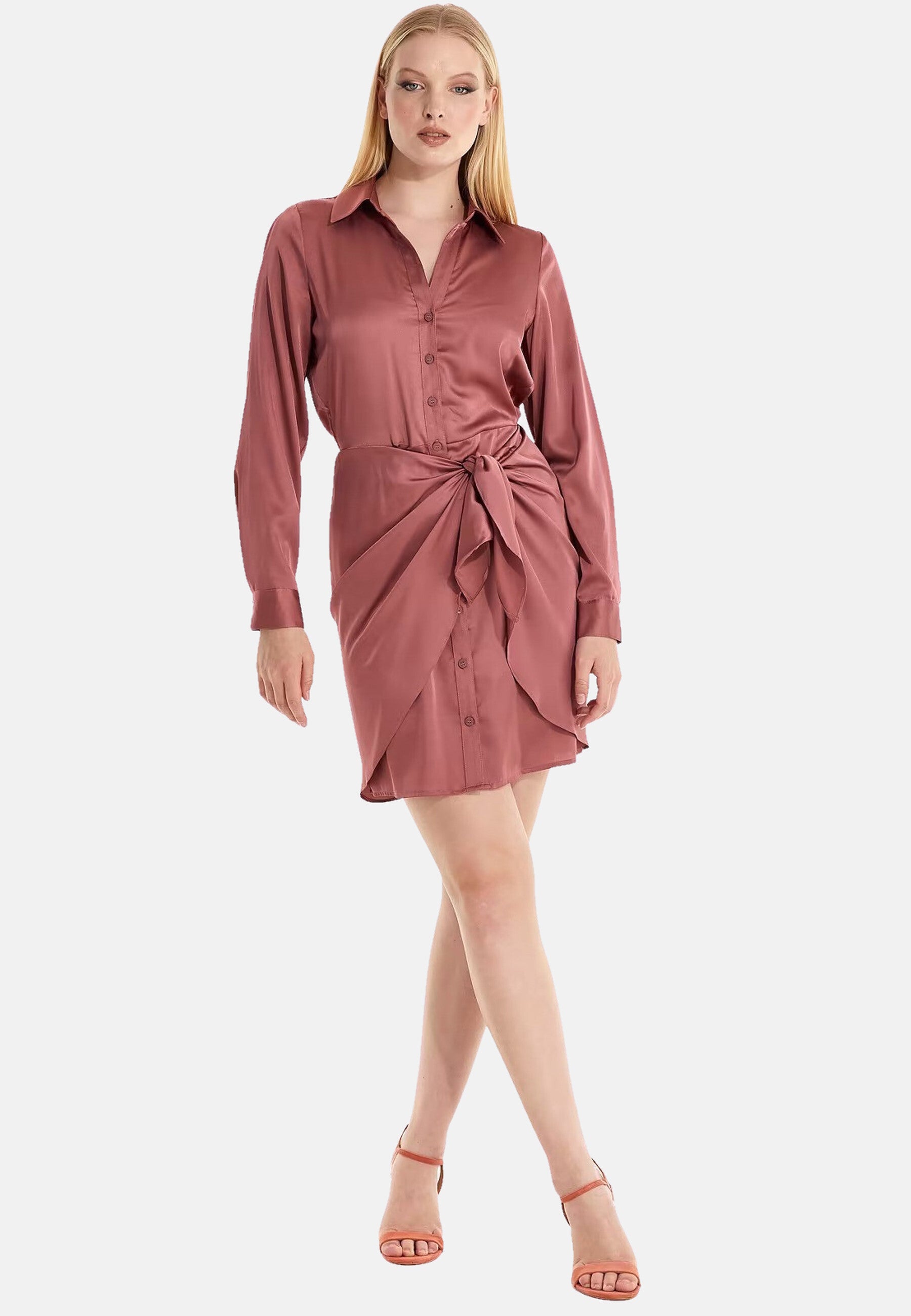 Guess Langärmliges Hemdkleid Alya mit durchgehender Knopfleiste in glänzender Optik