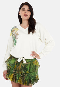 Guess Bedruckter Sweater PALM mit V-Ausschnitt und Tunnelzug am Bund in Relaxed Fit