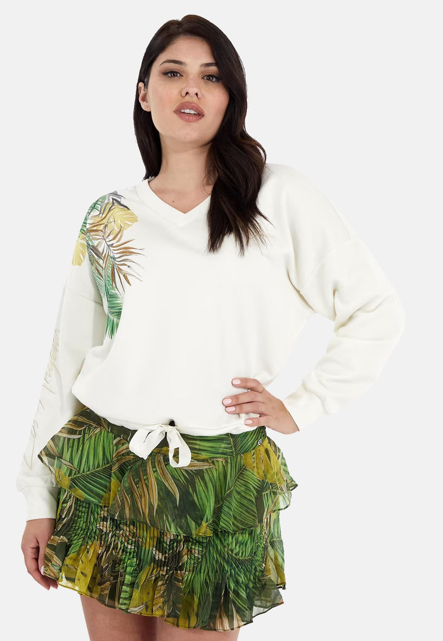 Guess Bedruckter Sweater PALM mit V-Ausschnitt und Tunnelzug am Bund in Relaxed Fit