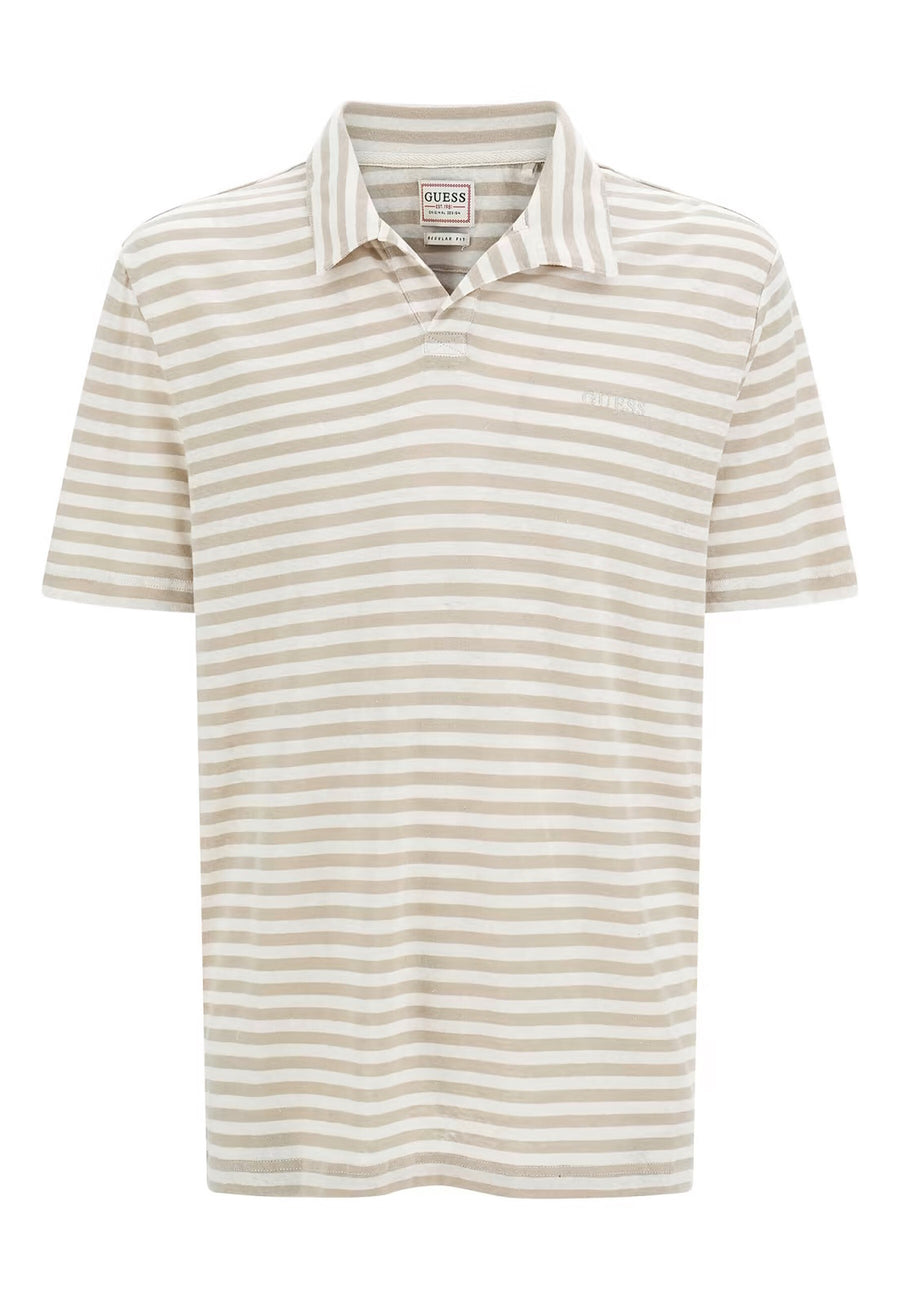 Guess Kurzarm-Poloshirt EMBRO STRIP in Regular Fit mit Allover-Streifenmuster aus Leinenmix