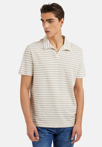 Guess Kurzarm-Poloshirt EMBRO STRIP in Regular Fit mit Allover-Streifenmuster aus Leinenmix