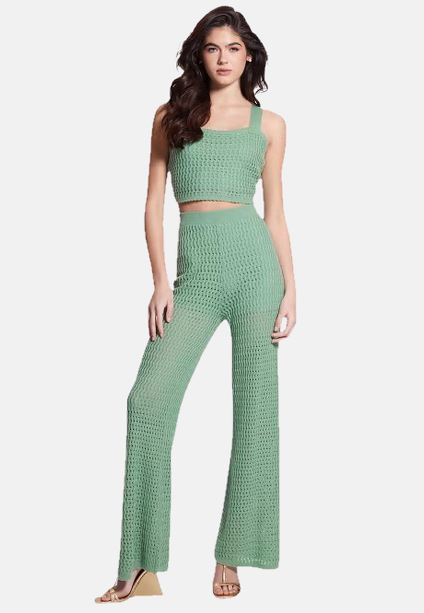 Guess Strickhose YASMINA WIDE LEG mit elastischem Taillenbund und Logo-Plakette am Bund