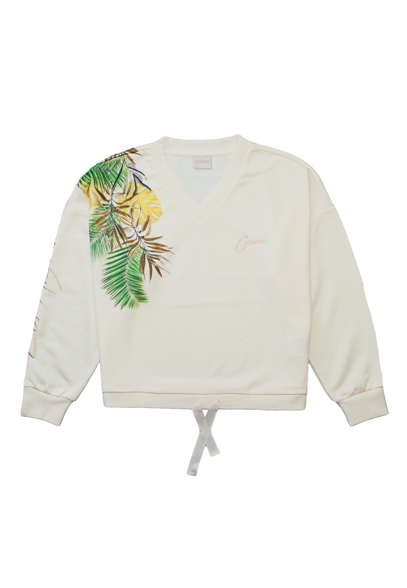 Guess Bedruckter Sweater PALM mit V-Ausschnitt und Tunnelzug am Bund in Relaxed Fit