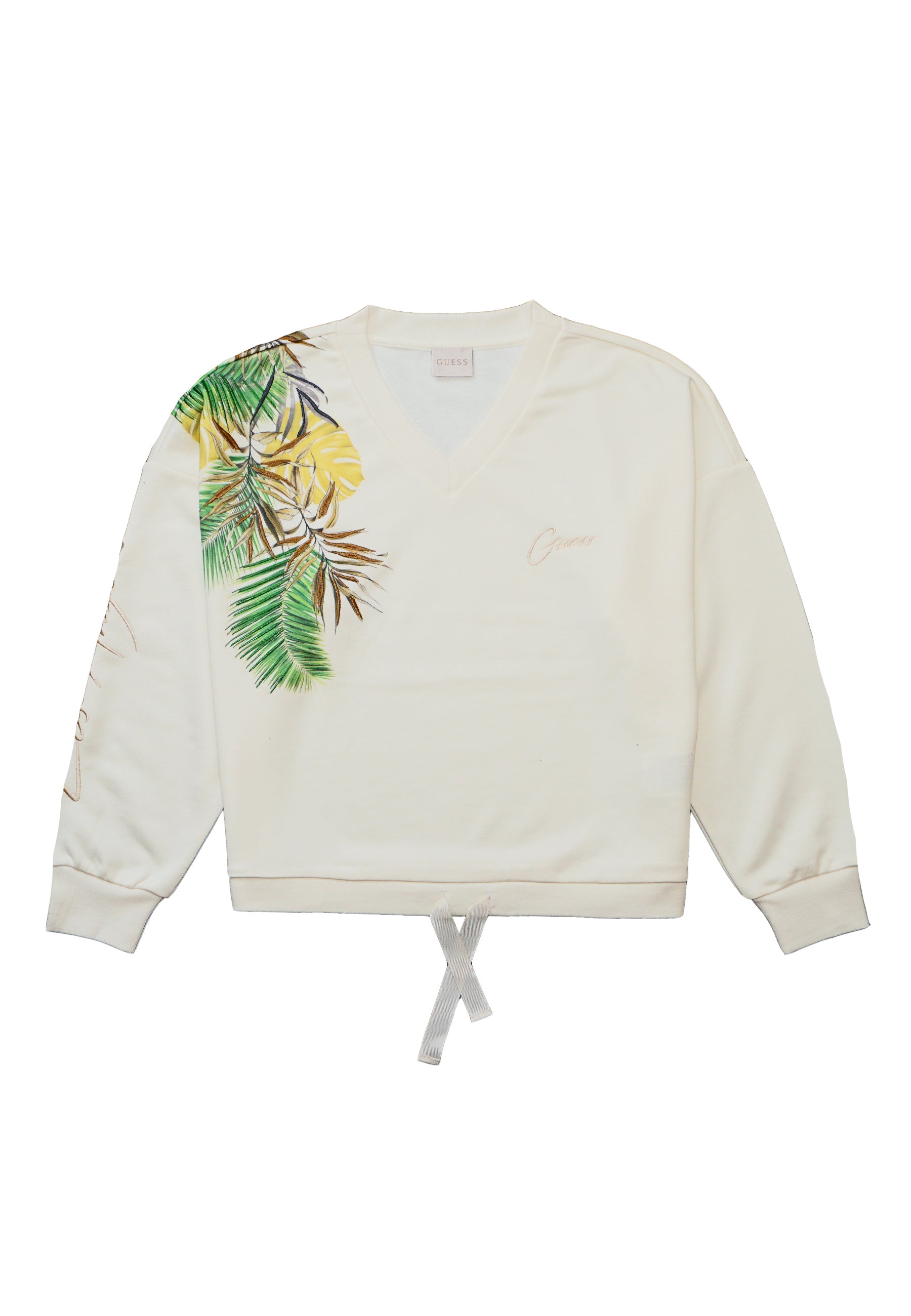 Guess Bedruckter Sweater PALM mit V-Ausschnitt und Tunnelzug am Bund in Relaxed Fit