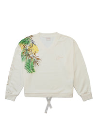 Guess Bedruckter Sweater PALM mit V-Ausschnitt und Tunnelzug am Bund in Relaxed Fit