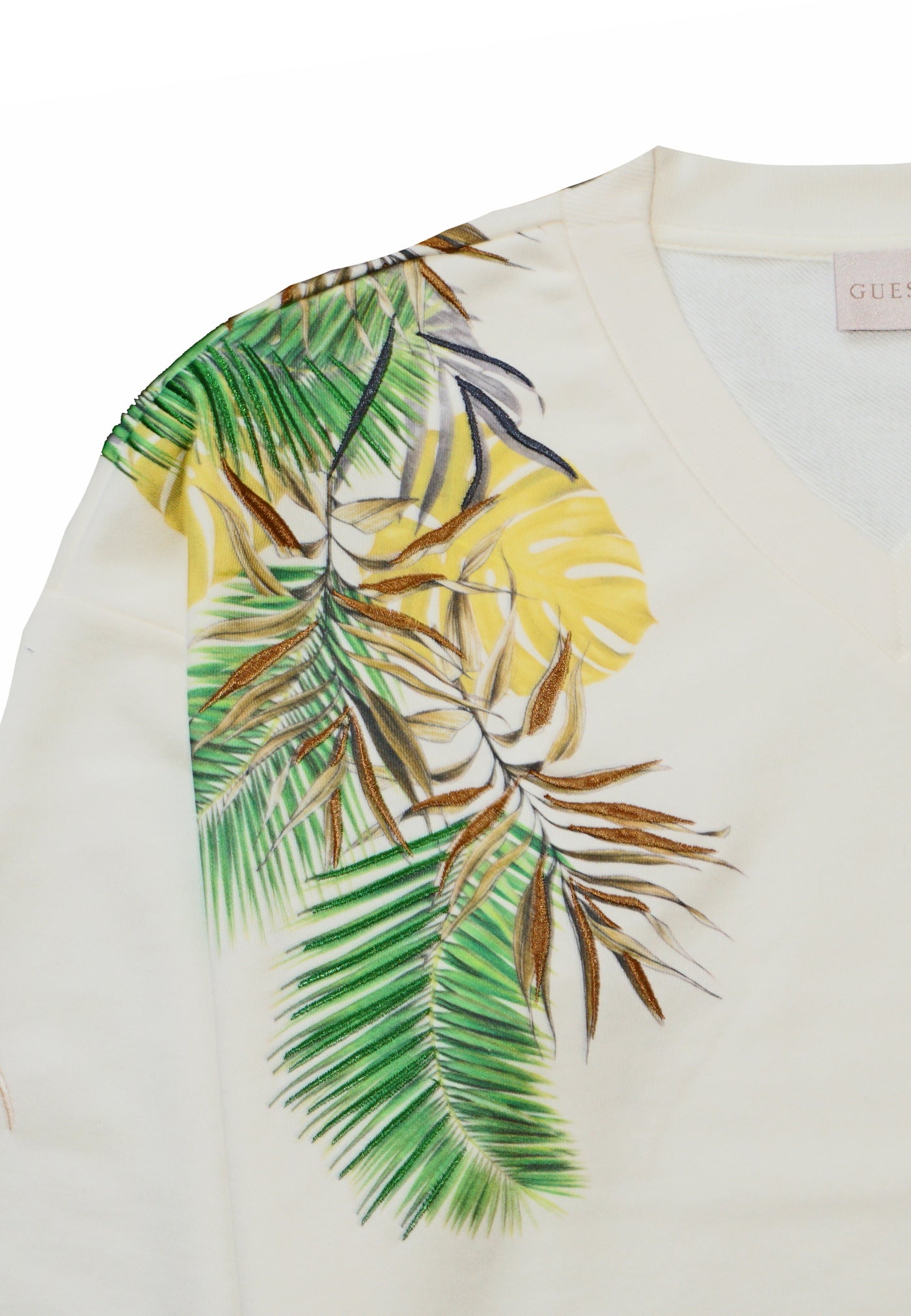 Guess Bedruckter Sweater PALM mit V-Ausschnitt und Tunnelzug am Bund in Relaxed Fit