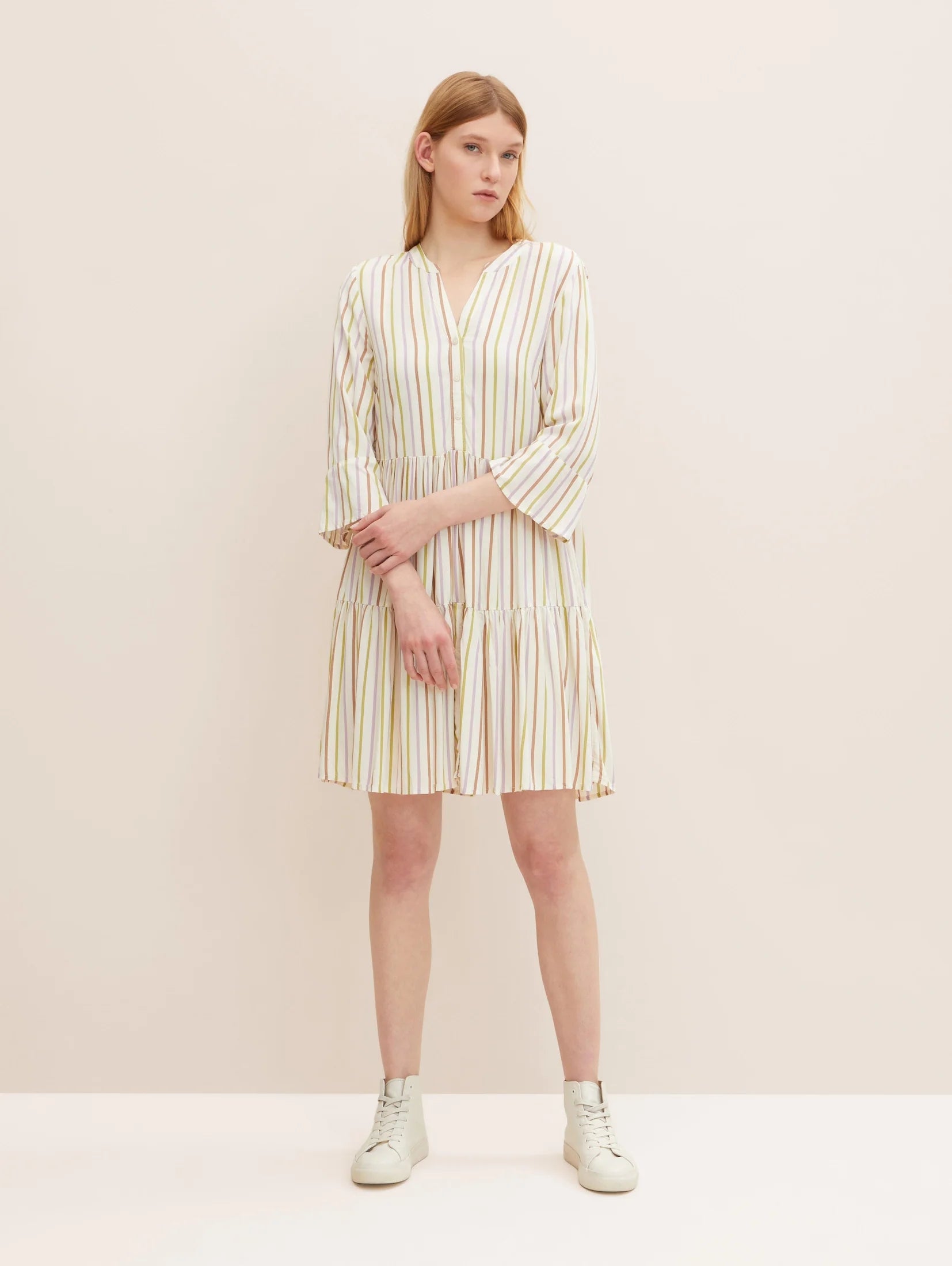 Tom Tailor Gestreiftes Kleid mit 3/4-Arm und V-Ausschnitt