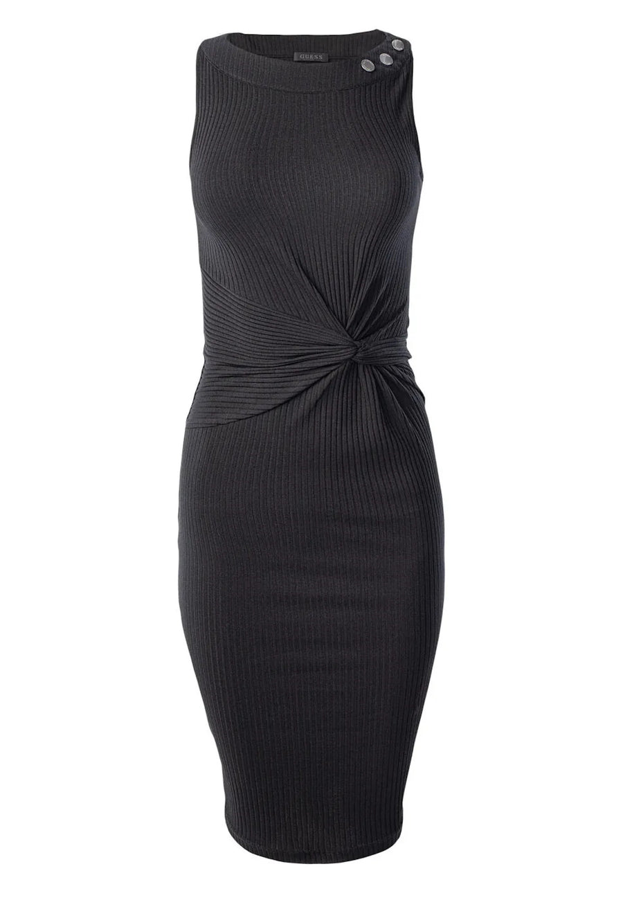 Guess Knielanges Kleid ERNESTINE KNOT mit Rundhalsausschnitt und Zierknöpfen in Slim Fit